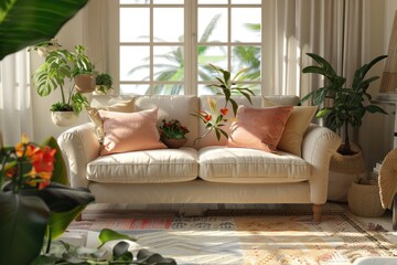 A cozy living room filled with furniture and plants. Suitable for home decor and interior design concepts