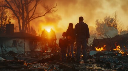 A family stands in front of a destroyed home with the sun setting. Generative AI.