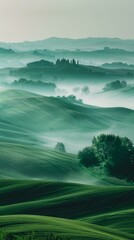 Obraz premium A view of a green field with trees and fog. AI.