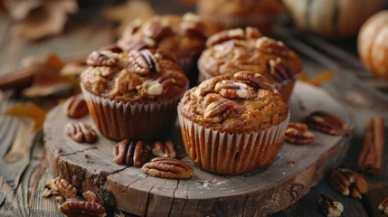 Foto op Canvas Delicious muffins arranged on a wooden board, perfect for food bloggers or bakery websites © Fotograf