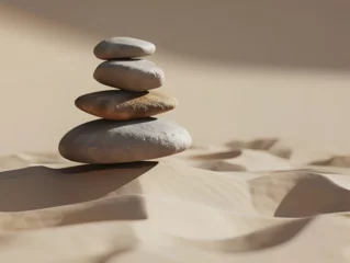 Fotobehang A stack of rocks on a sandy beach. The rocks are of different sizes and are arranged in a pyramid shape. Concept of tranquility and peace, as the rocks seem to be resting on the sand © tracy