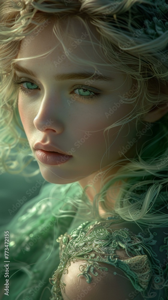 Canvas Prints A close up of a woman with blonde hair and green dress. AI.