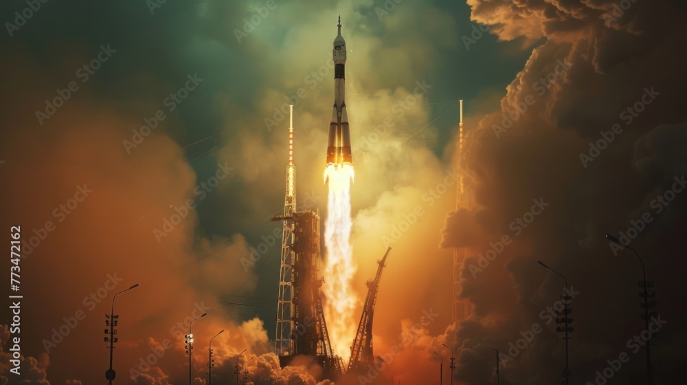 Poster rocket lifts off into the sky. perfect for technology and space exploration concepts