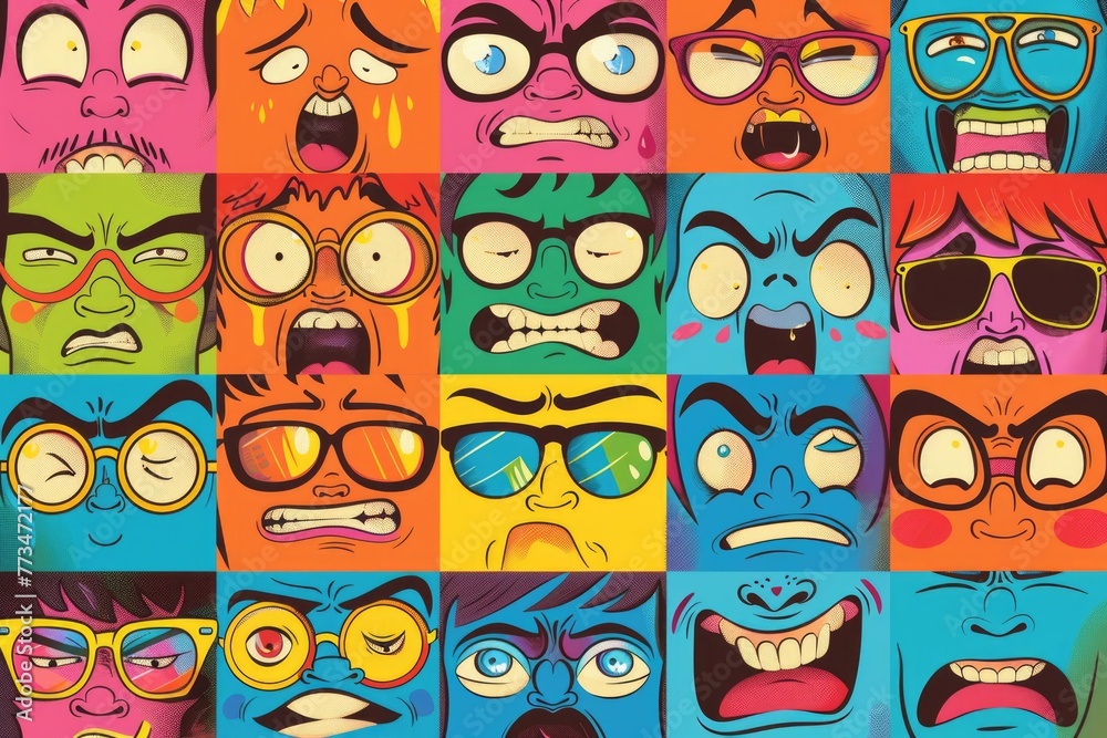 Poster a collection of cartoon faces showing different emotions. perfect for illustrating a range of feelin