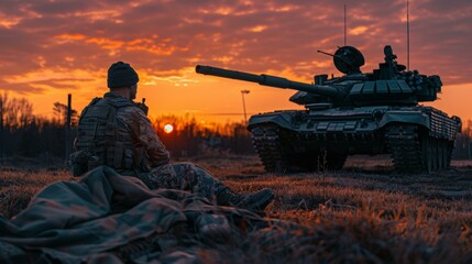 A man sitting on the ground next to a tank at sunset. Generative AI.