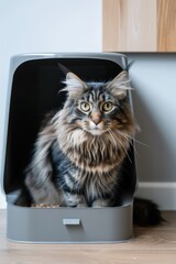 A cat sitting in a litter box on the floor. Perfect for pet care advertising