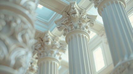 A row of white columns with a blue sky in the background. Suitable for architectural and outdoor concepts