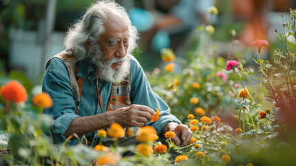A serene senior enjoys growing flowers in a quiet garden.