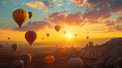 hot air balloons floating gracefully in the sky. They are illuminated by the golden hues of a sunrise or sunset