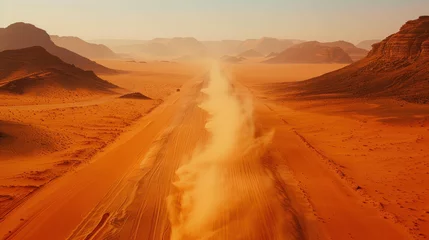 Tableaux ronds sur plexiglas Anti-reflet Rouge 2 Dusty Desert Road View, road adventure, path to discovery, holliday trip, Aerial view