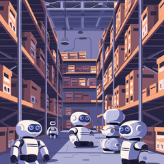 Robots in warehouse. Cartoon illustration of robots in warehouse interior.