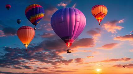 hot air balloons in the sky during sunset