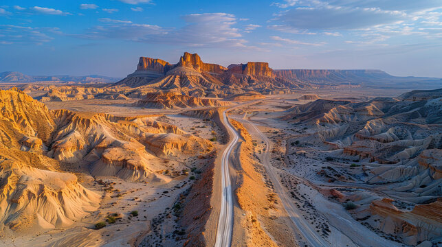 Desert Road in Dusty Terrain, road adventure, path to discovery, holliday trip, Aerial view