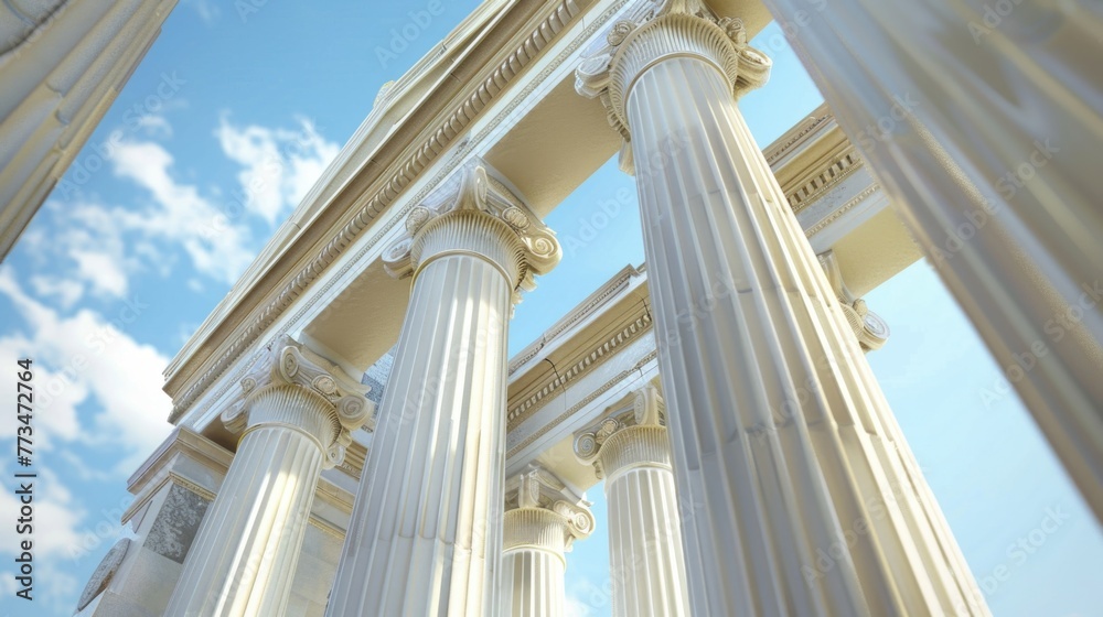 Poster white columns standing tall with a clear blue sky backdrop. ideal for architectural designs and real