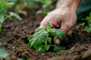 Human male hand plants tomato seedling in the soil