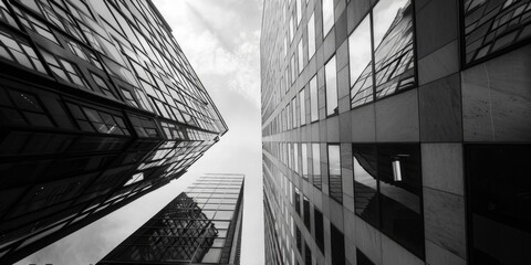 Fototapeta premium A striking black and white photo of tall buildings. Perfect for architectural design projects