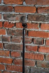 A microphone stands in front of a brick wall. Perfect for music or podcasting themes
