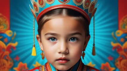 Cute mongoloid child portrait. ethnic asian kid girl on colored pop art background