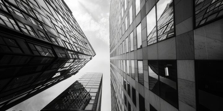 A striking black and white photo of tall buildings. Perfect for architectural design projects