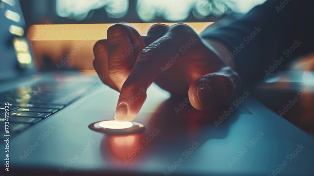 Poster close up of a person using a laptop, suitable for technology concepts