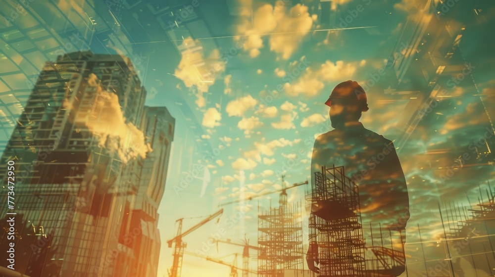 Poster a man standing in front of a building under construction. suitable for construction industry project