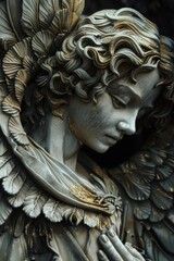 Detailed close up of a majestic angel statue, perfect for religious or spiritual concepts
