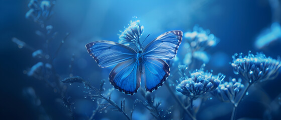 A blue butterfly is perched on a flower. The image has a serene and calming mood, as the butterfly is surrounded by a peaceful blue background - obrazy, fototapety, plakaty