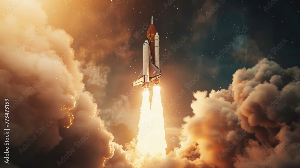 Poster A space shuttle taking off into the sky. Suitable for science and technology concepts