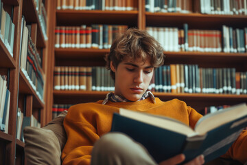 young man or student reading a book in the library with concentration - 773473143