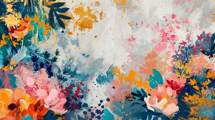 Vibrant abstract floral art painting - A colorful and expressive floral painting with a medley of flowers, splatters, and brush strokes, evoking joy and creativity