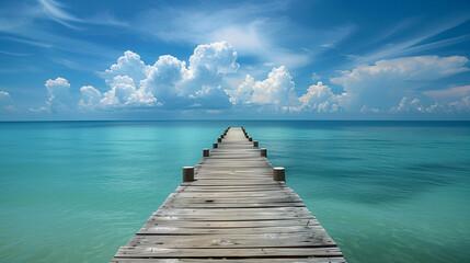 long wooden dock extending into a bright turquoise sea under a sunny sky with scattered white clouds - obrazy, fototapety, plakaty