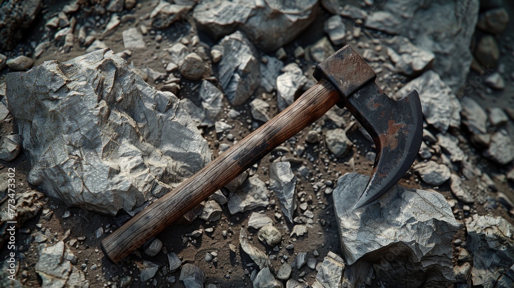 Poster A hammer resting on a stack of rocks. Ideal for construction projects