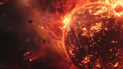 Apocalyptic scene with fiery planet Earth - A dramatic depiction of a molten, fiery Earth engulfed in flames amidst a dark, starry space suggesting a catastrophic end