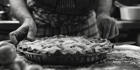 A person slicing a pie with a knife. Great for food-related projects - obrazy, fototapety, plakaty