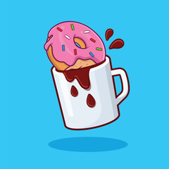 Strawberry pink donut dipped into a coffee mug vector illustration