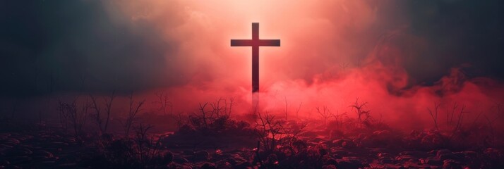 Fototapeta na wymiar Mystical cross in red fog at night - A haunting image of a Christian cross illuminated amidst red fog and barren landscape, invoking a sense of mystery