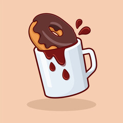 Chocolate donut dipped into a coffee mug vector illustration