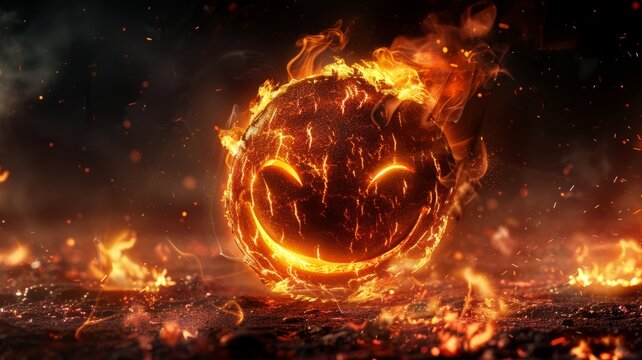 Fiery smiley face in an inferno setting - A fiery 3D smiley face exudes warmth and energy, captured in a dramatic, fiery landscape