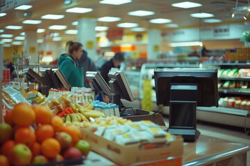 A cash register in a grocery store surrounded by fresh fruits and vegetables. Perfect for illustrating grocery shopping or healthy eating concepts - obrazy, fototapety, plakaty