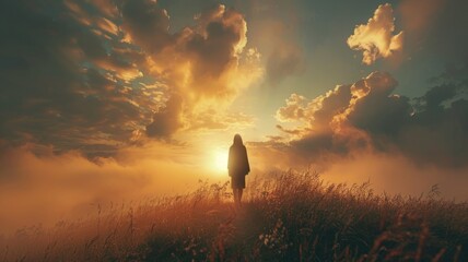 Solitary figure in golden sunset field - A lone person seen from behind amidst tall grass under a spectacular golden sky suggesting contemplation - obrazy, fototapety, plakaty