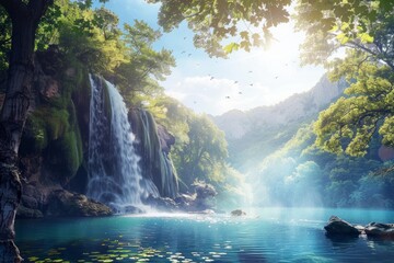 Serene waterfall in a lush forest landscape - A majestic waterfall cascades into a tranquil pool surrounded by vibrant greenery and rugged cliffs under a brilliant sky
