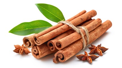 Aromatic cinnamon sticks and star anise on a clean white surface. Ideal for food and spice related concepts