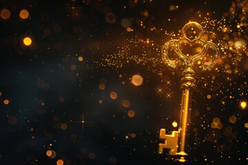 A shiny golden key against a dark black backdrop. Ideal for concepts of security and access - obrazy, fototapety, plakaty