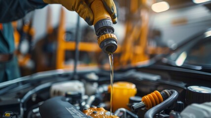 Mechanic pouring oil into a car engine close-up - A mechanic precisely pours lubricant into a vehicle's engine, detailing diligence and maintenance care - obrazy, fototapety, plakaty