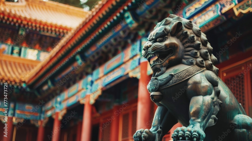 Poster a majestic lion statue standing in front of a building. ideal for architectural and urban design con