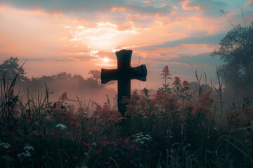 Sunrise behind a rugged wooden cross in a field - A serene sunrise landscape showcasing a rugged wooden cross among wildflowers, symbolizing hope and resurrection