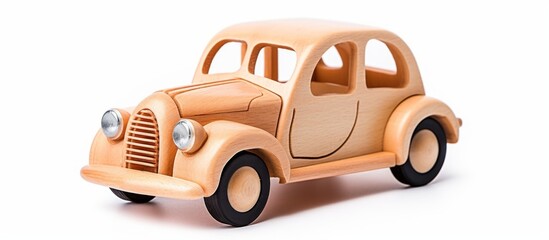 A small toy vehicle in the form of a car is placed on a clean and smooth white surface