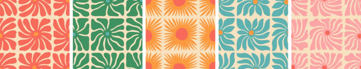 Gardinen Retro floral seamless pattern illustration set. Vintage style hippie flower background design collection. Geometric checkered wallpaper print, spring season nature backdrop texture with daisy flowers. © Dedraw Studio