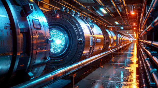 An underground particle accelerator tunnel, where particles collide at unimaginable velocities, unraveling the secrets of the universe
