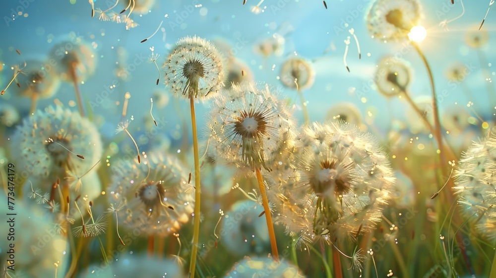 Poster a bunch of dandelions blowing in the wind. suitable for nature and spring themes